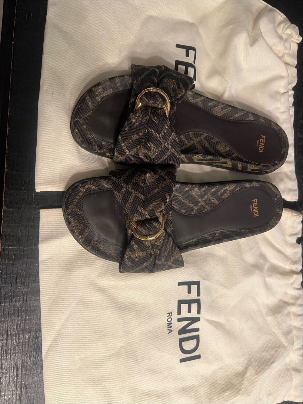 Fendi Brown FF Canvas Knot Slide Sandals with Gold Buckle